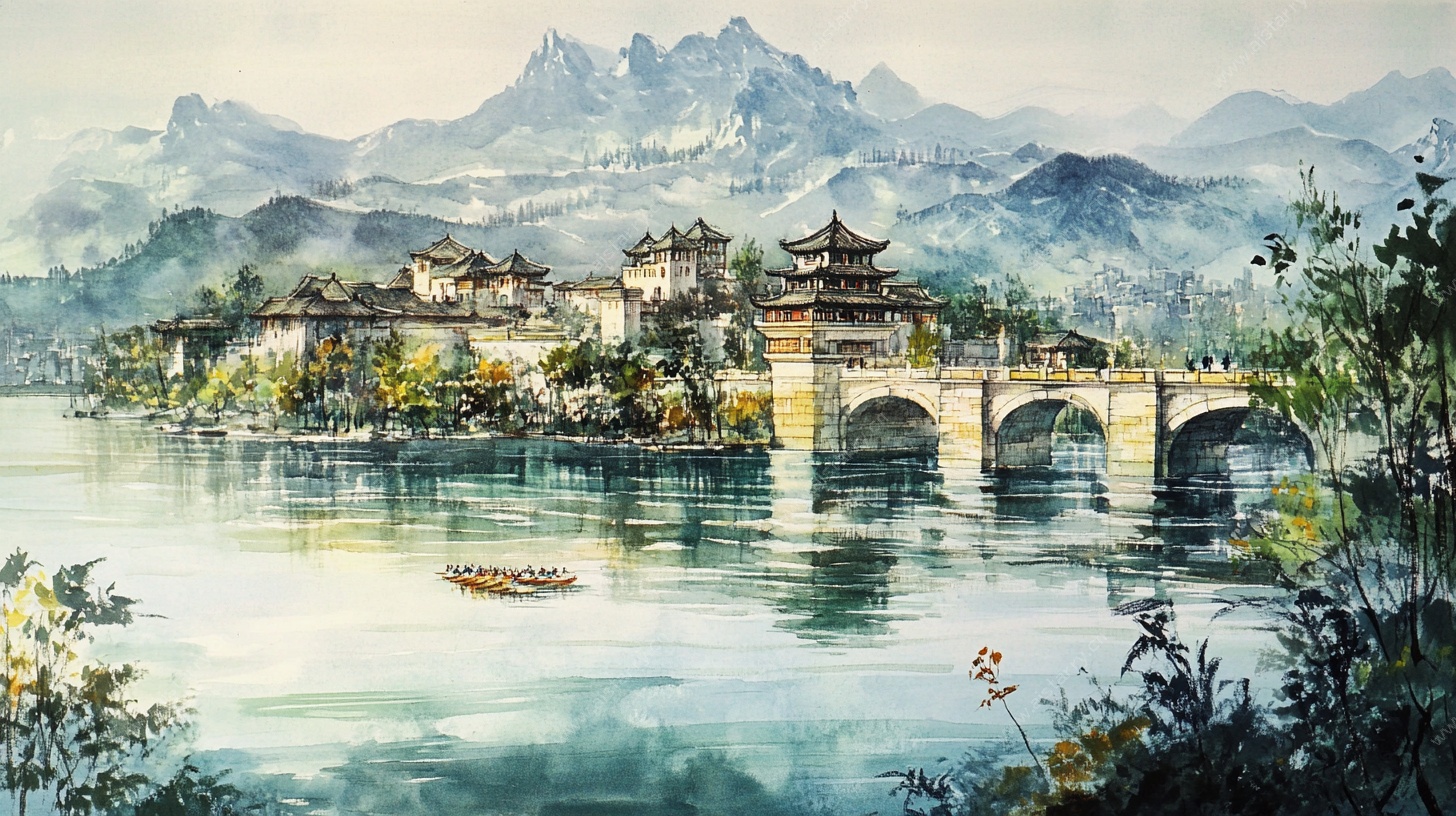 水墨江南山水古桥风景图