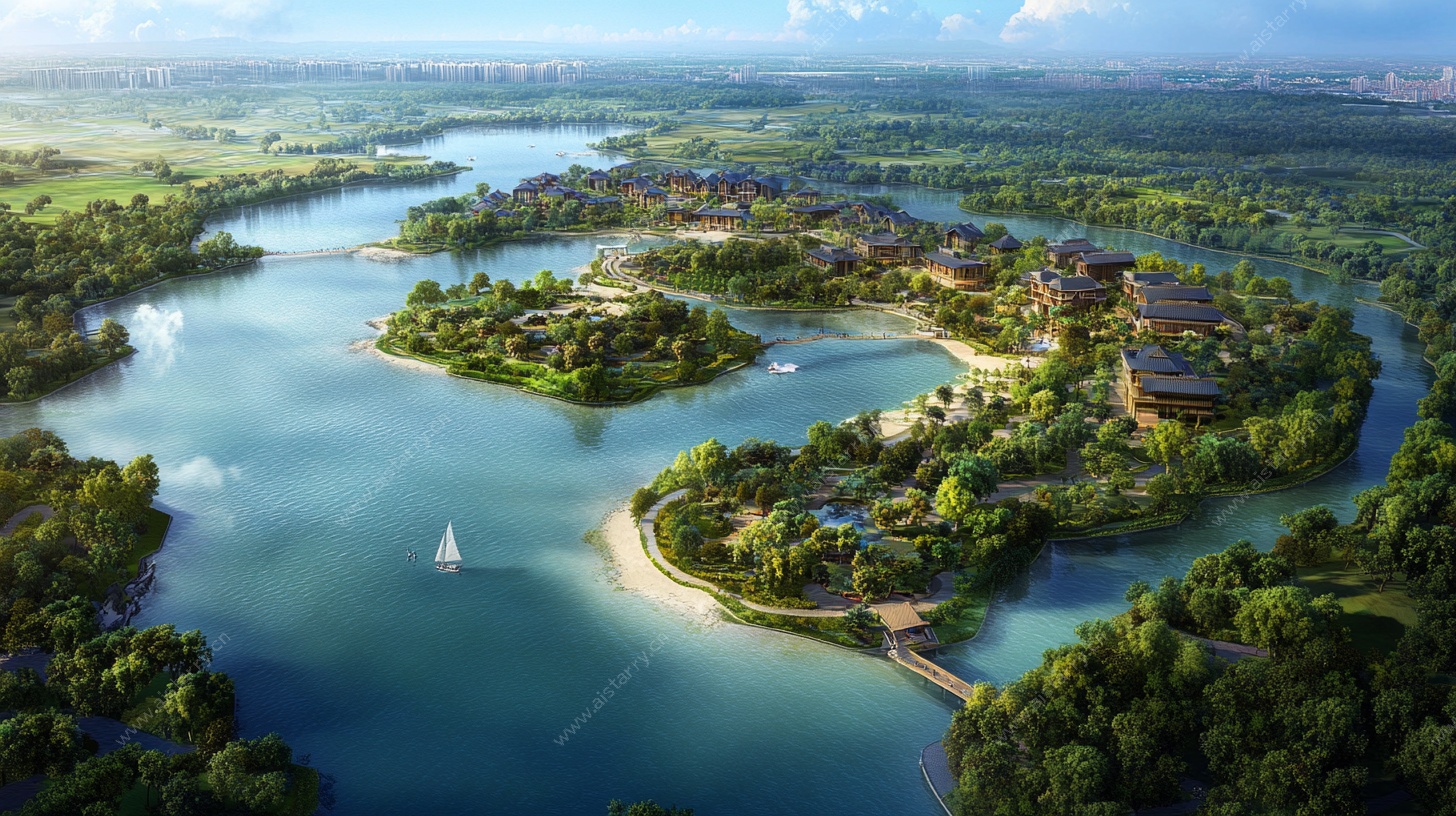 湖畔生态度假景观鸟瞰图