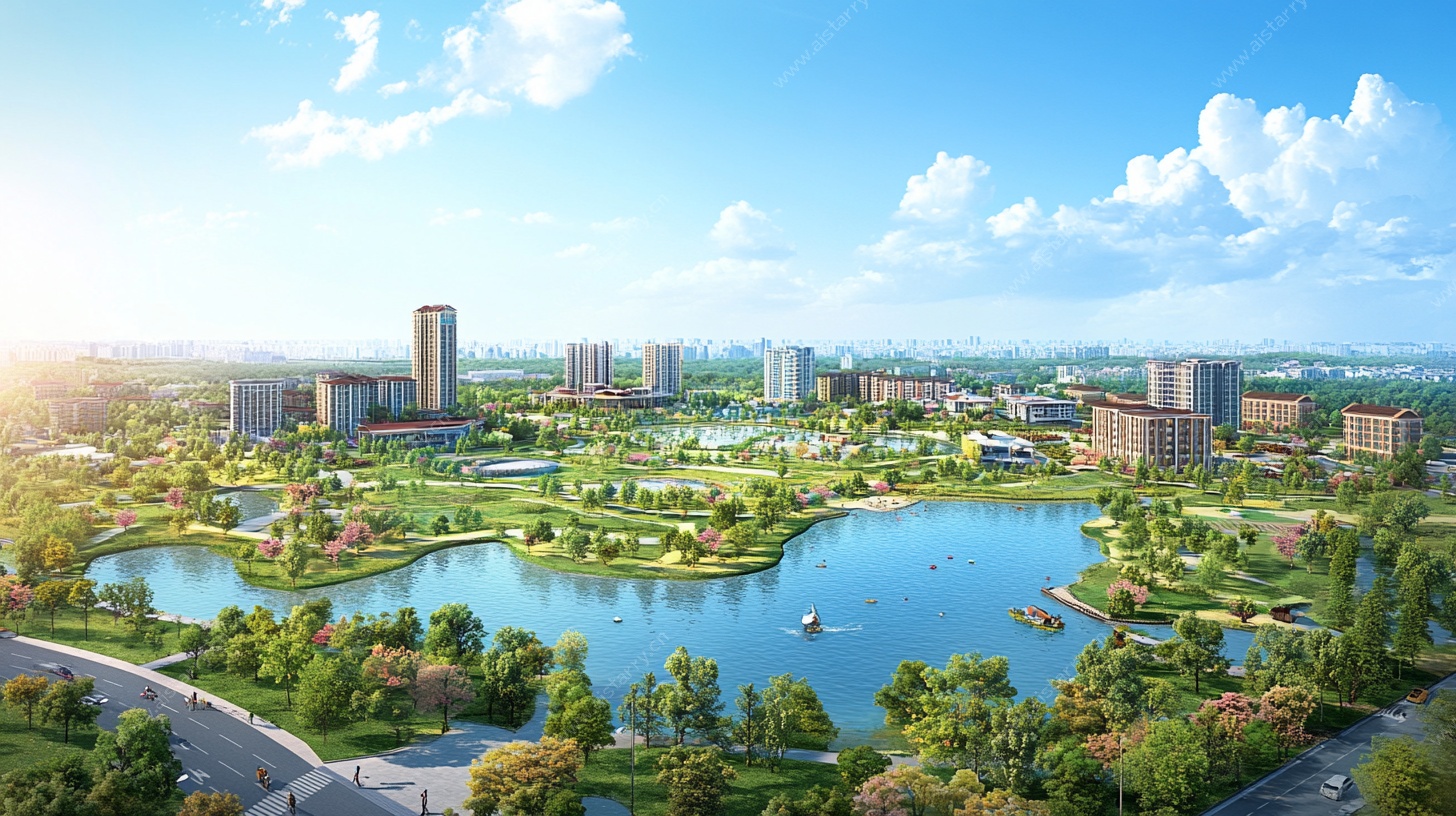 现代城市景观湖畔风光图