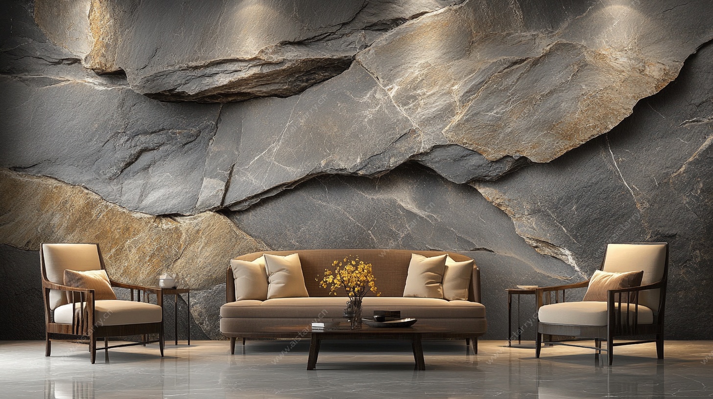岩纹背景墙客厅沙发场景