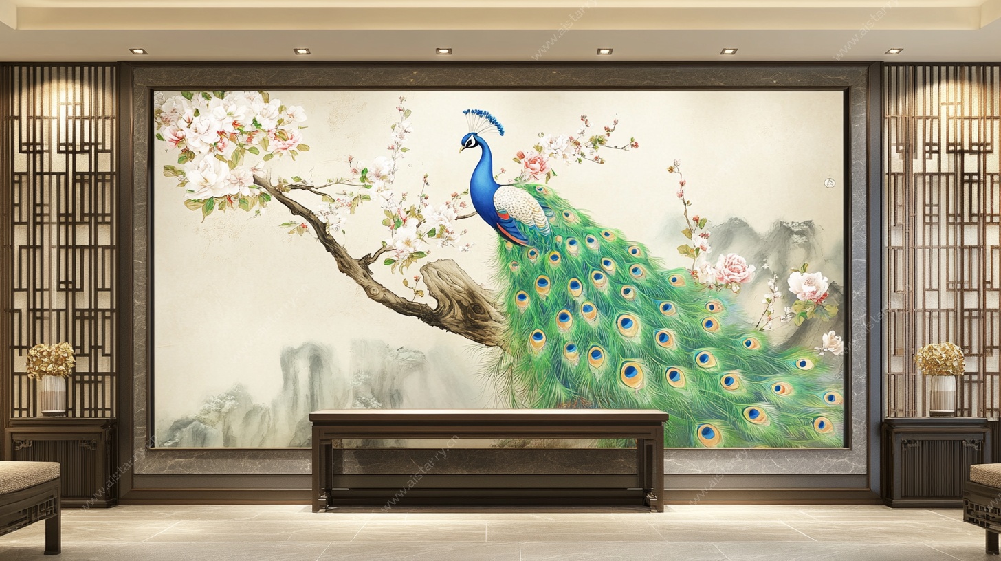 中式孔雀壁画 客厅新中式风