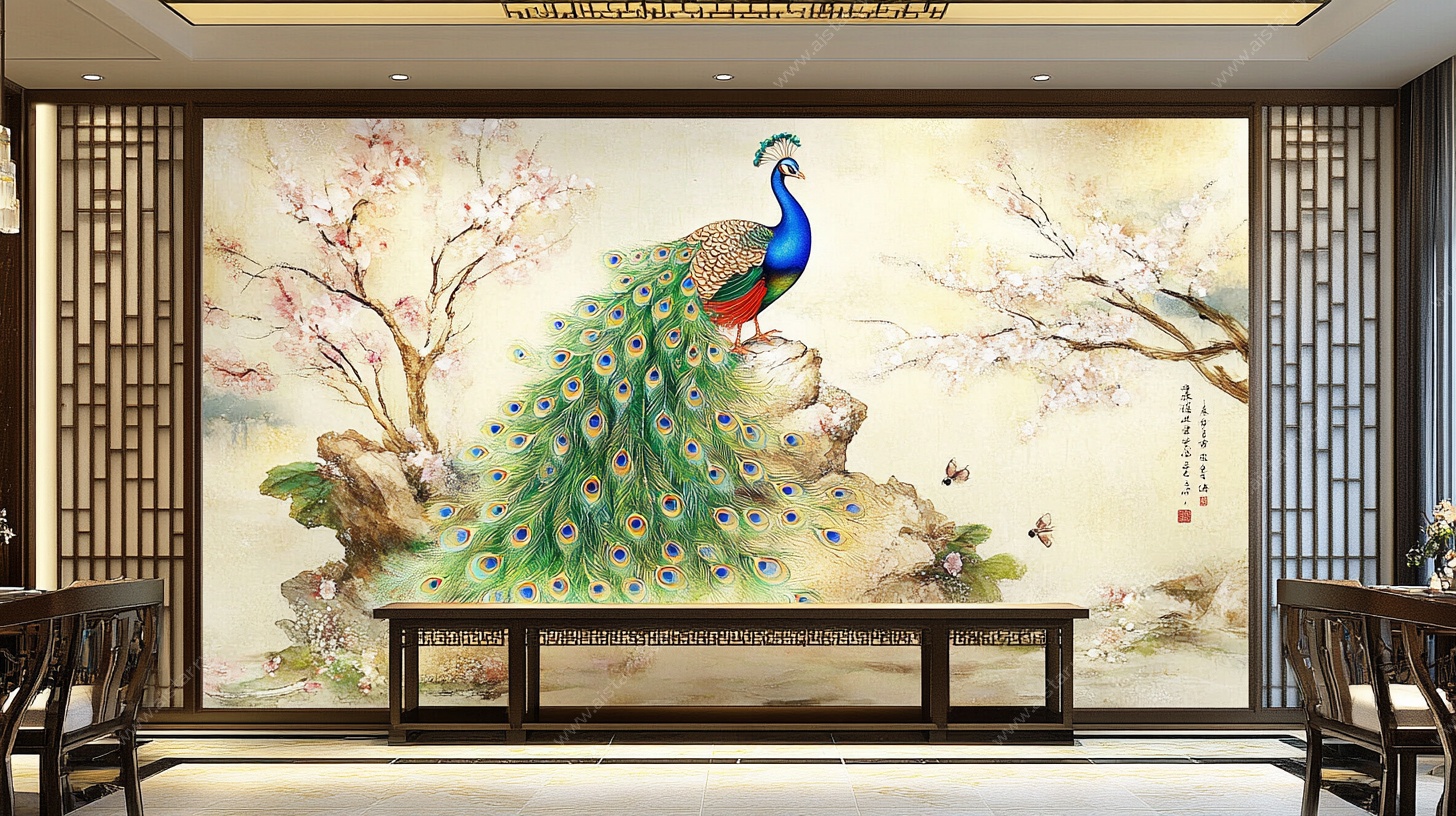 中式孔雀背景墙装饰画
