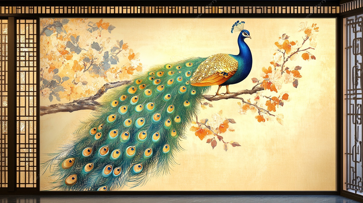 孔雀栖枝中式精美壁画