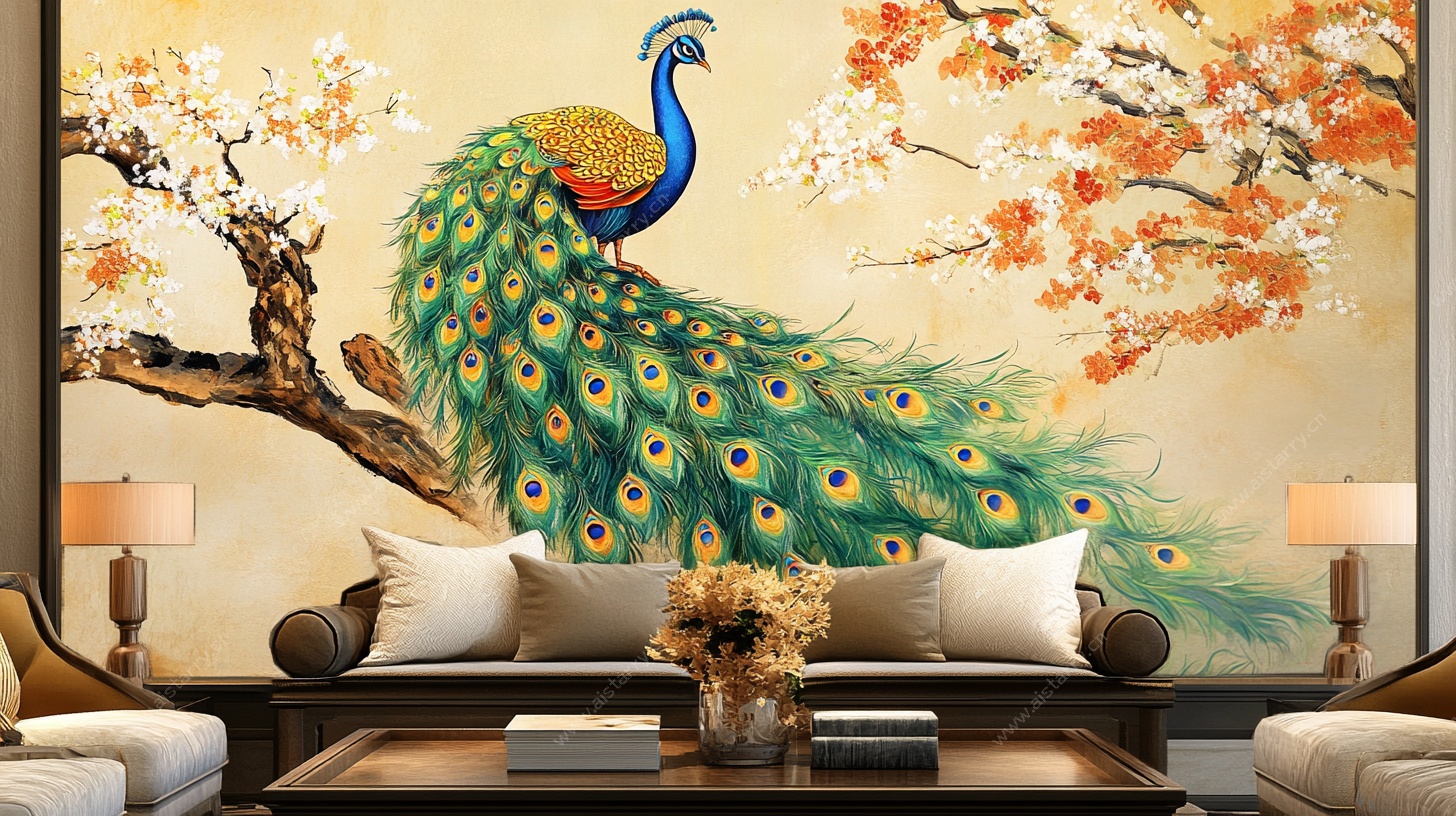 中式孔雀壁画客厅装饰画