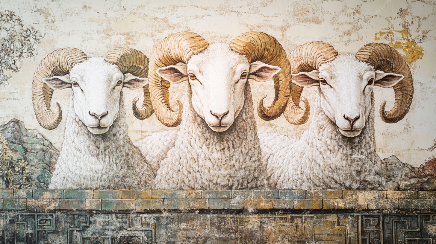 三只盘角羊壁画
