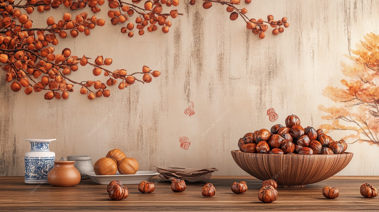 中式静物 栗子与秋景装饰