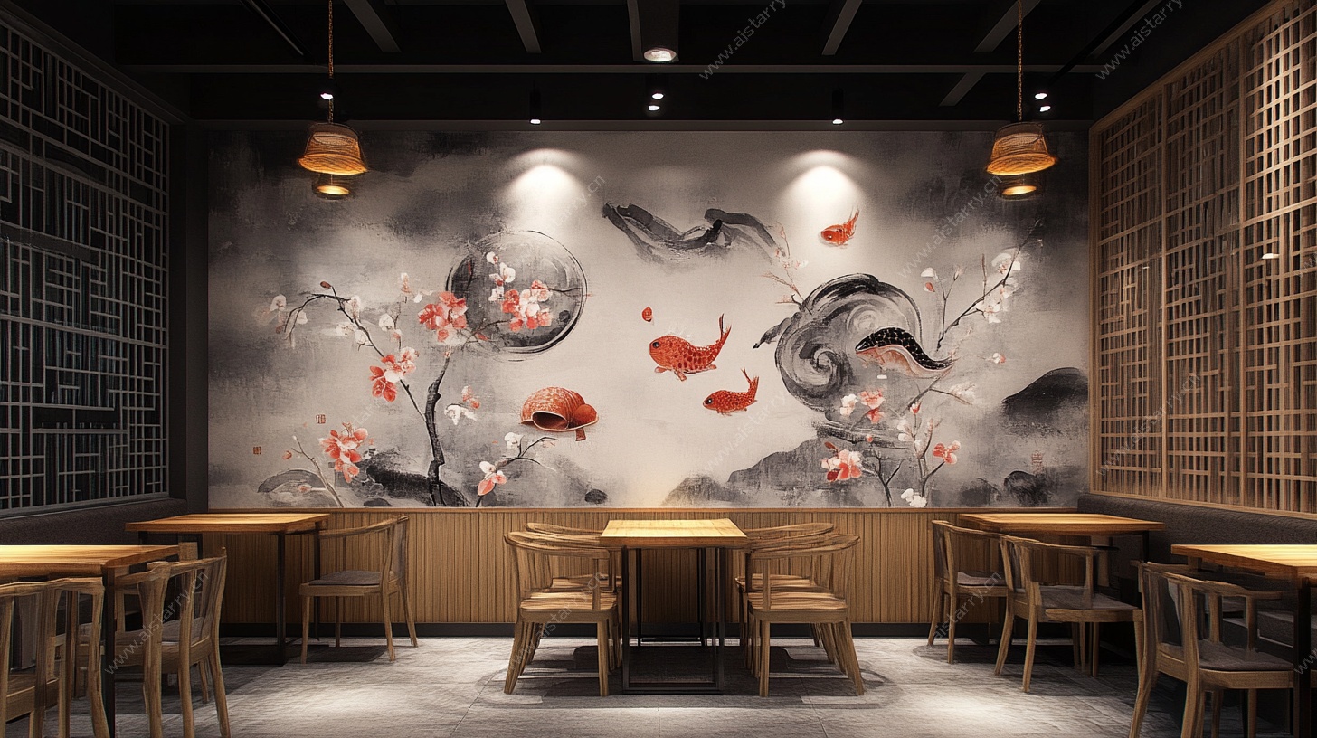 中式餐厅锦鲤主题墙面装饰