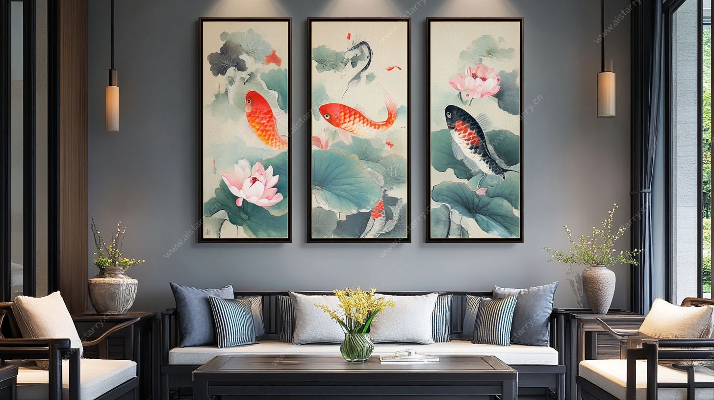 中式客厅三联锦鲤装饰画