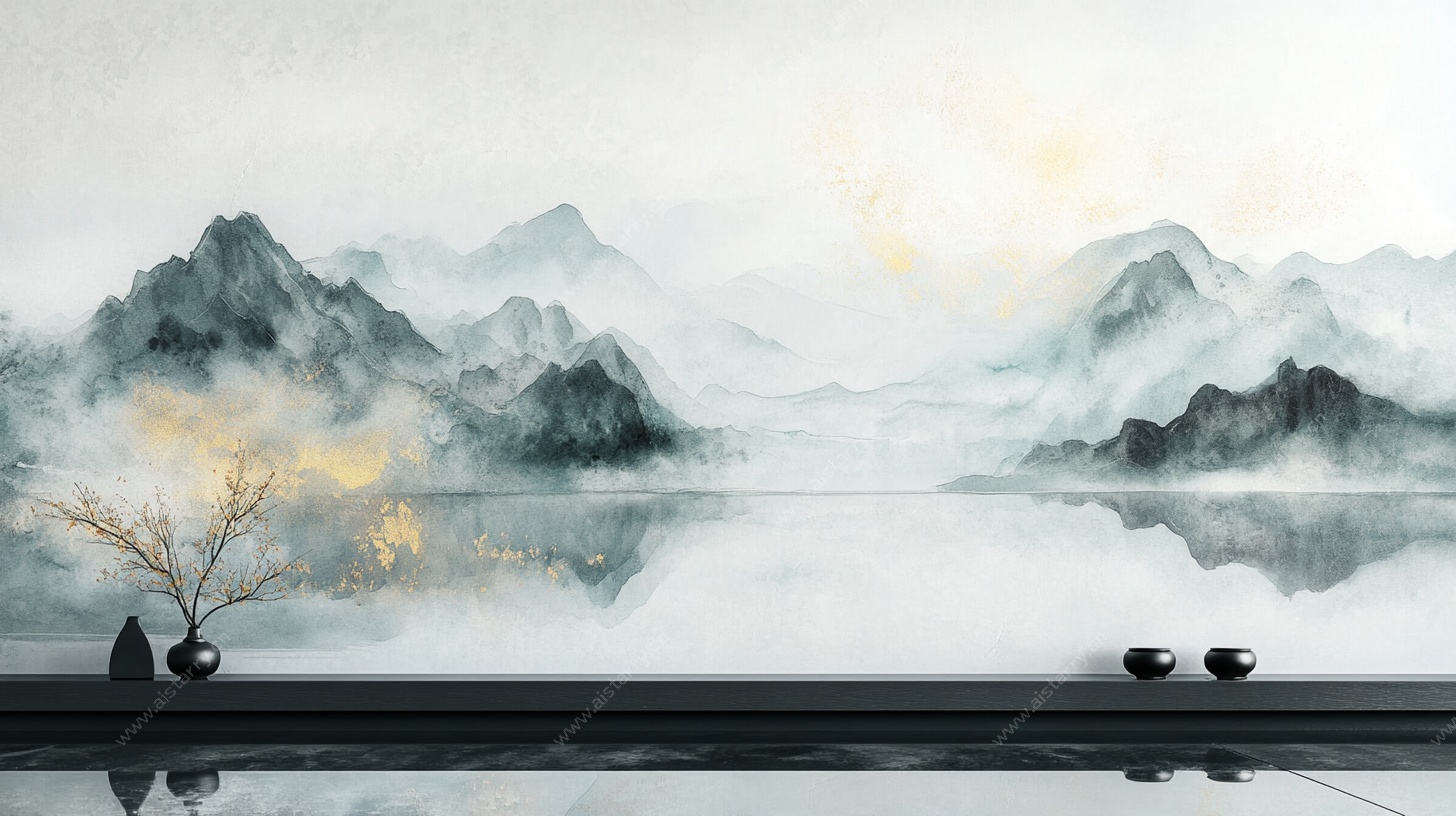 水墨山水茶室意境图