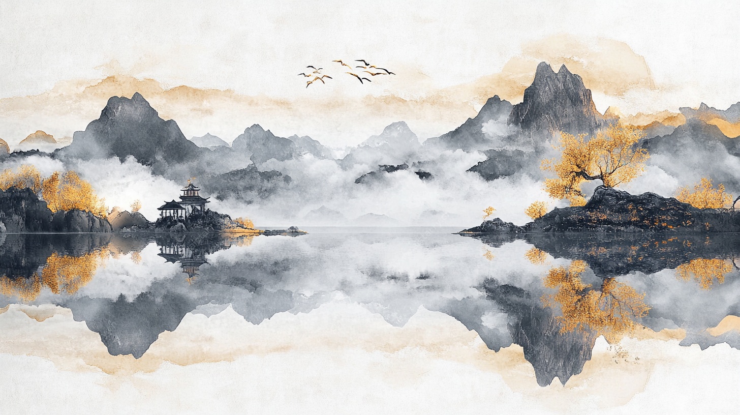 水墨山水倒影意境图