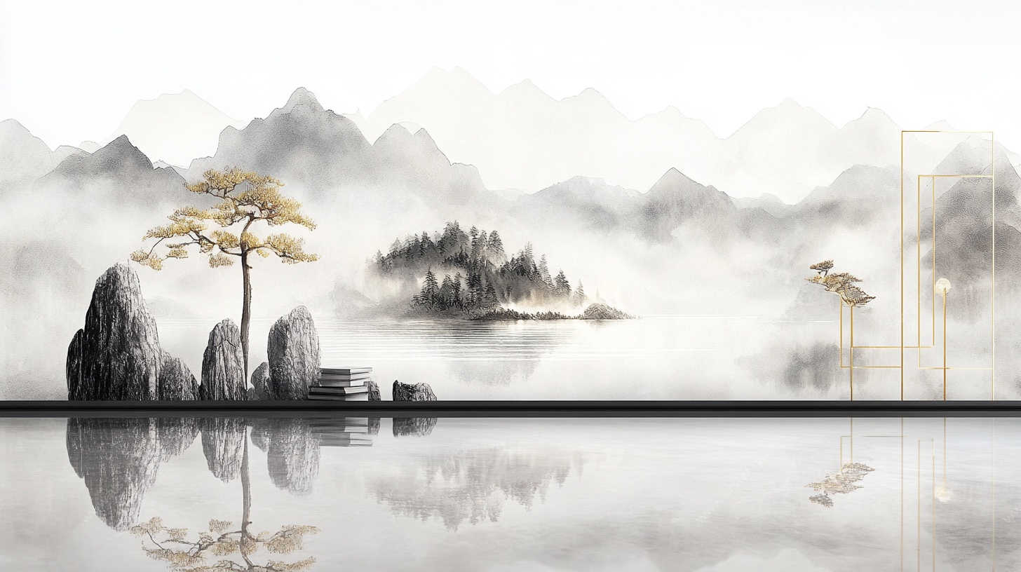 中式水墨山水意境景观图