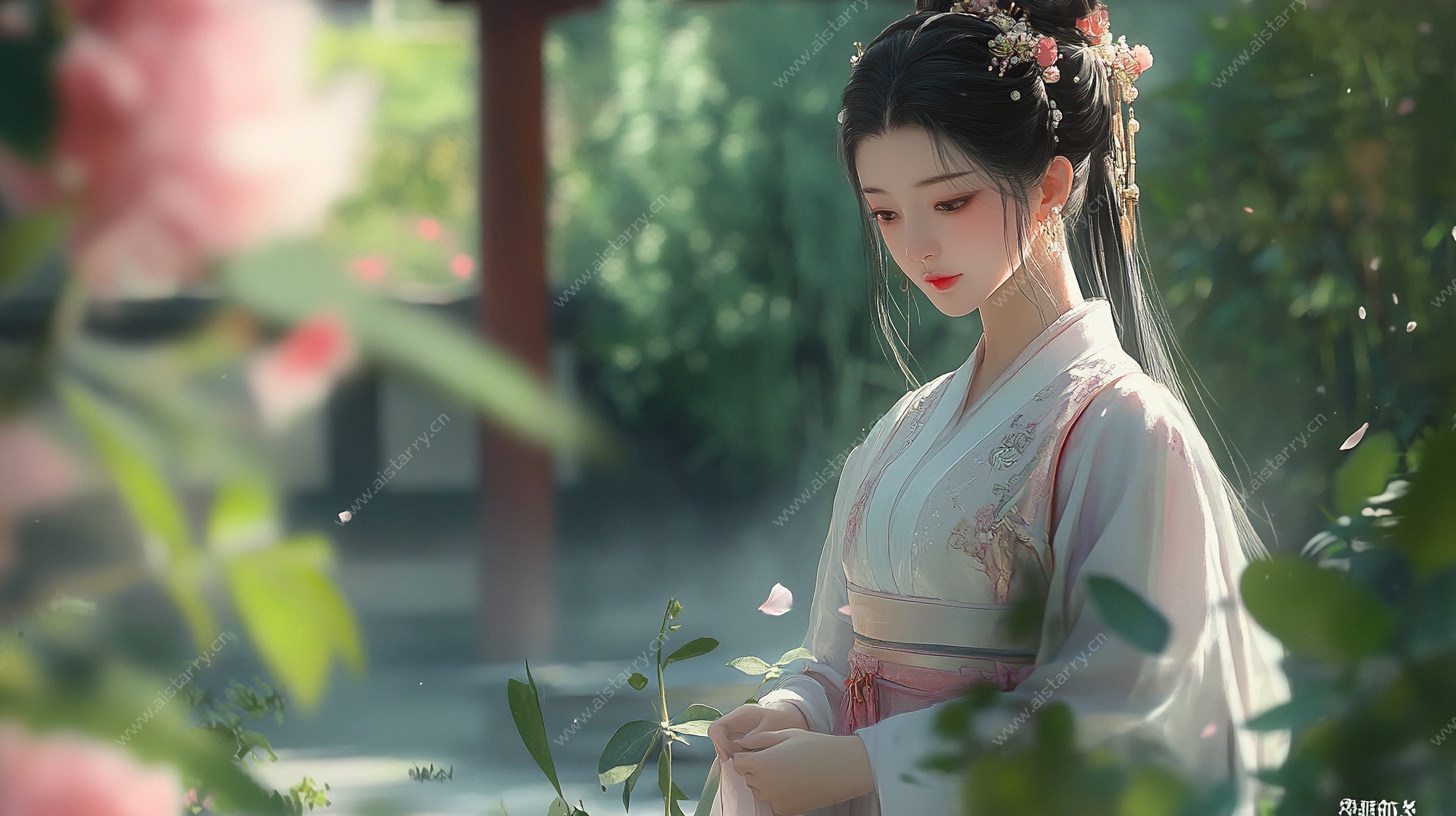 古典汉服女子静赏花草