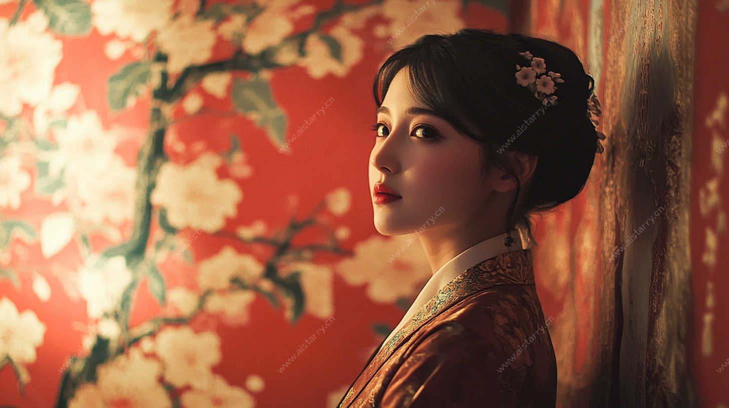 古风佳人倚墙侧颜美