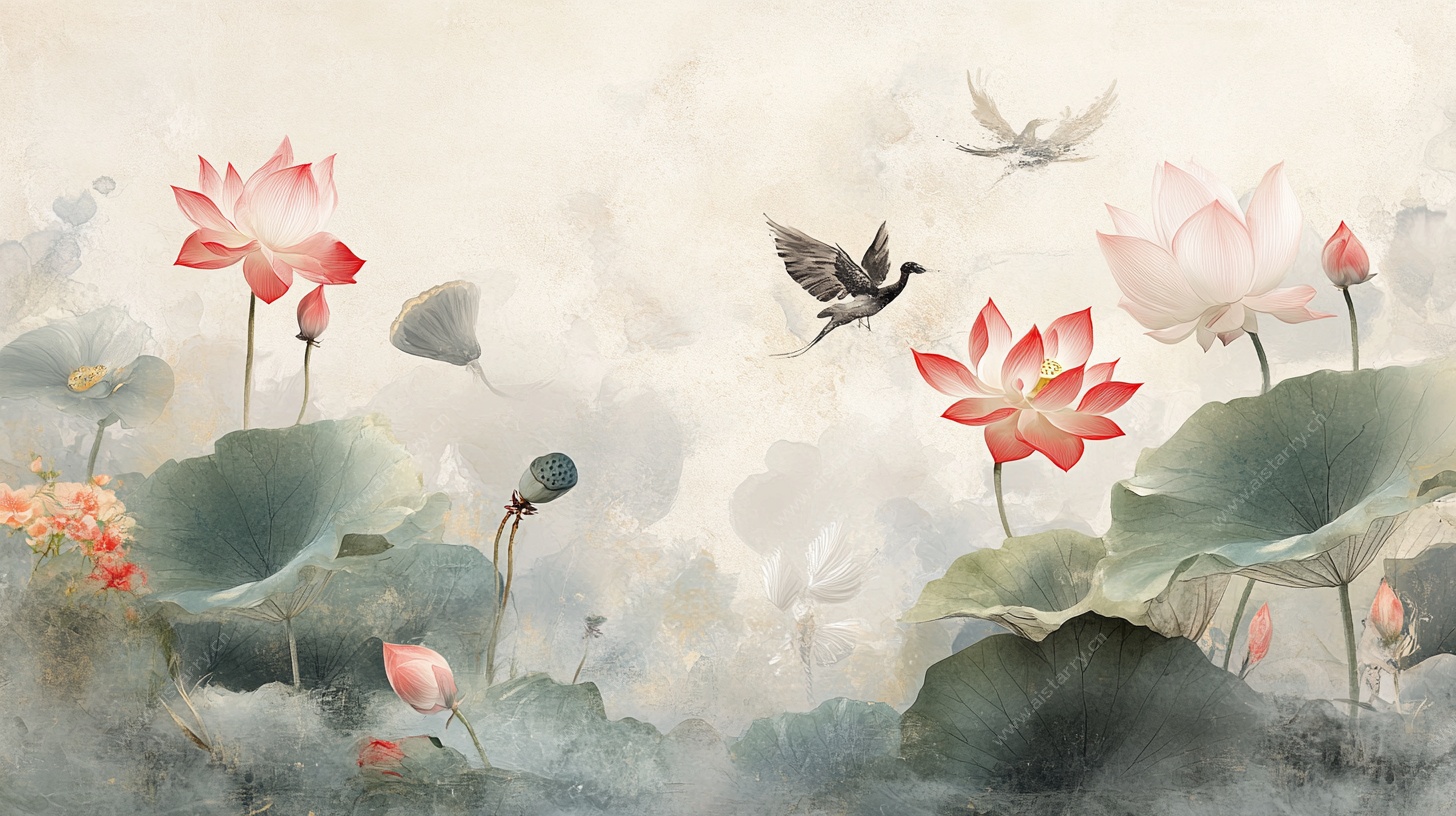 水墨荷塘飞鸟图