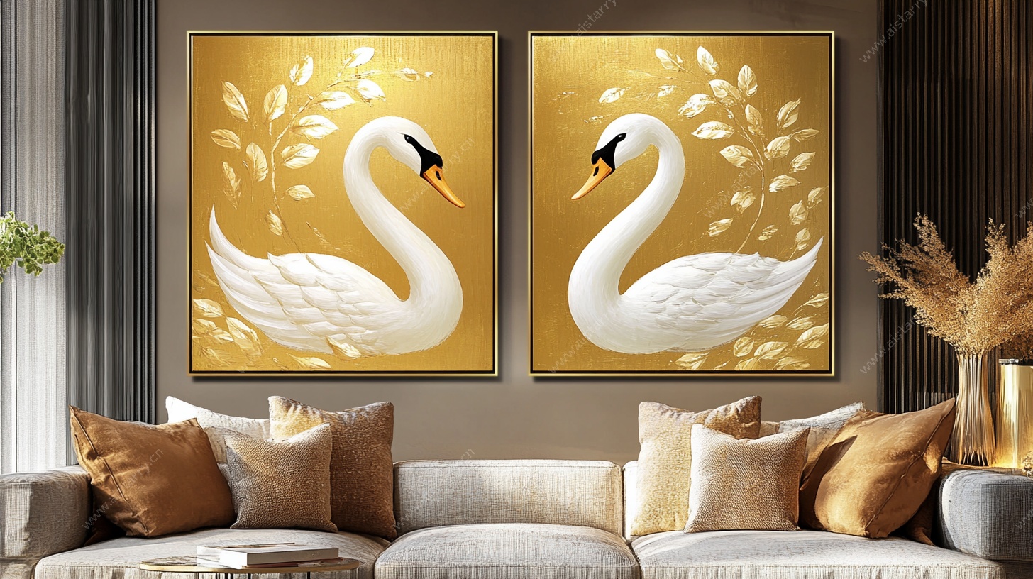 双天鹅金色装饰画