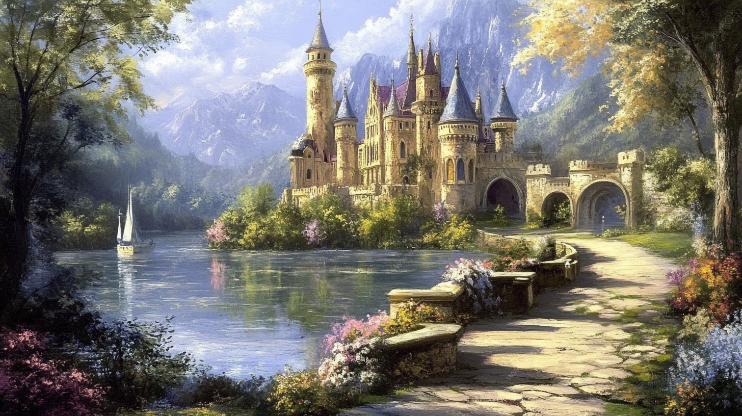 梦幻湖畔城堡风景图