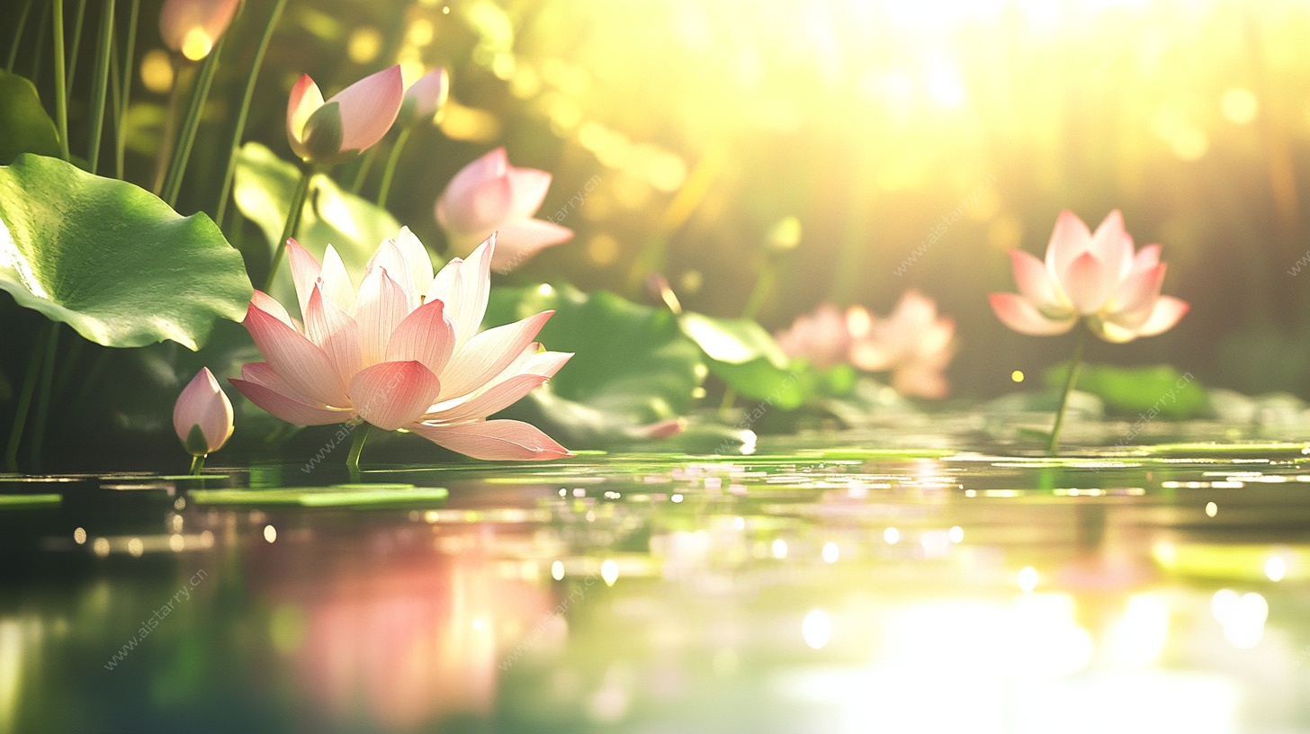 阳光下的粉色睡莲绽放