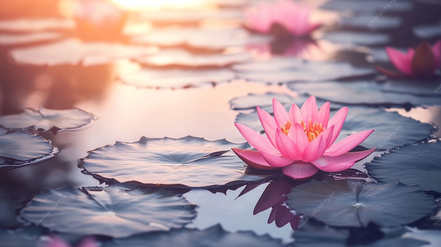 水中绽放的美丽粉色睡莲