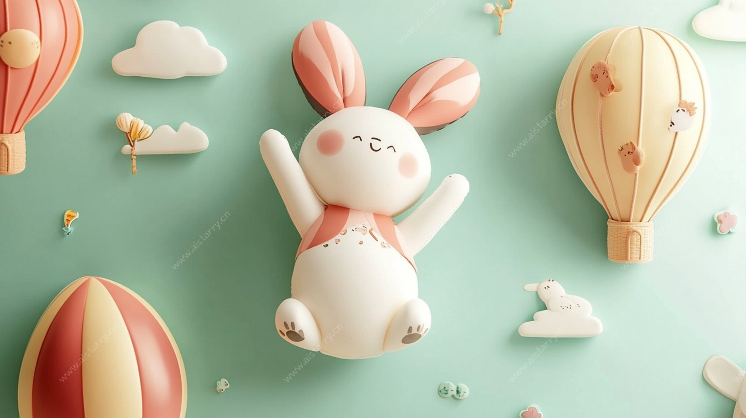 可爱小兔与梦幻热气球场景