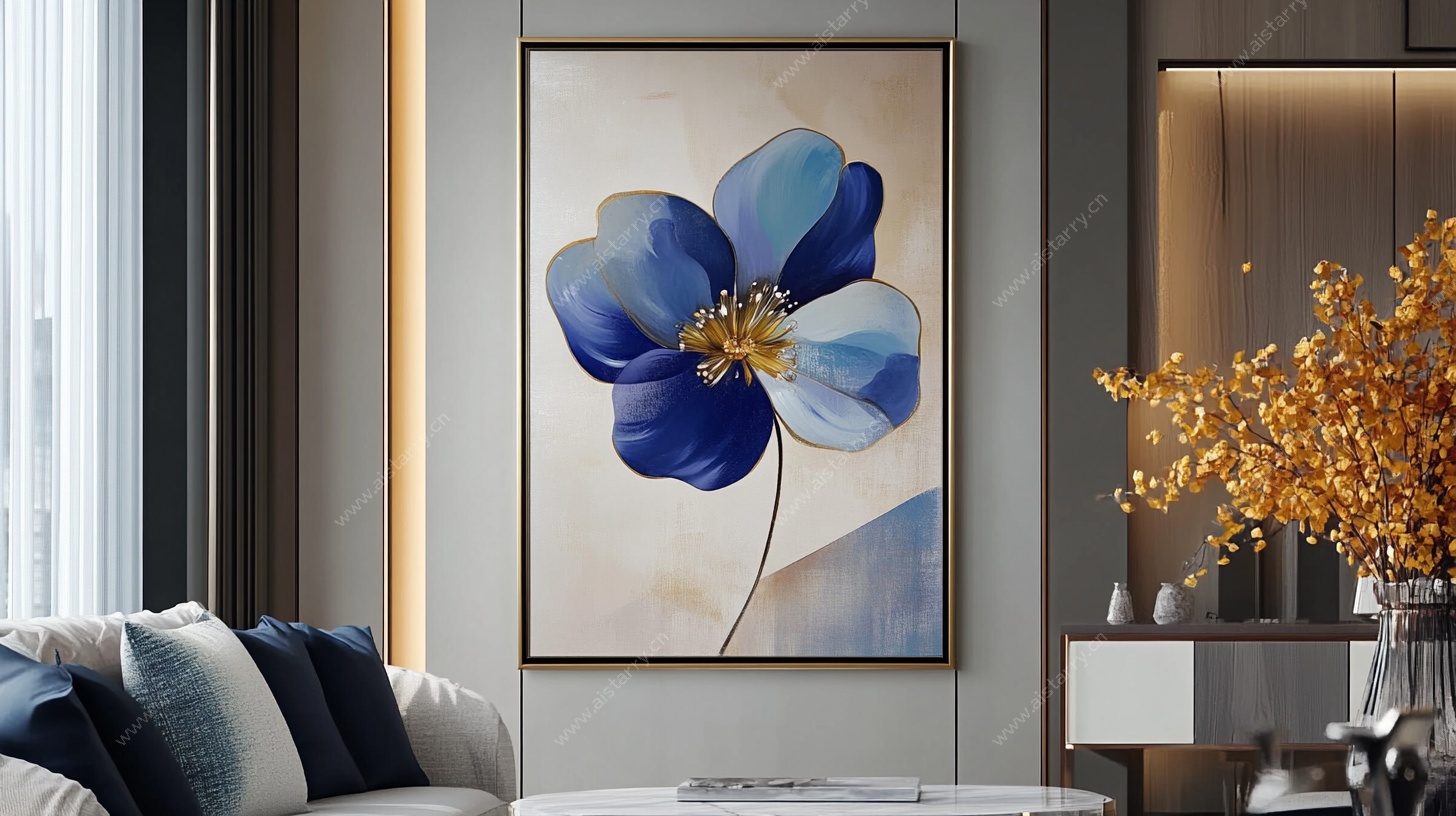 蓝色花卉装饰画 现代客厅风
