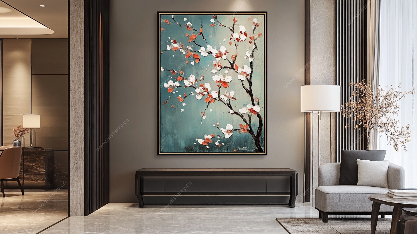 中式客厅中的花卉艺术挂画