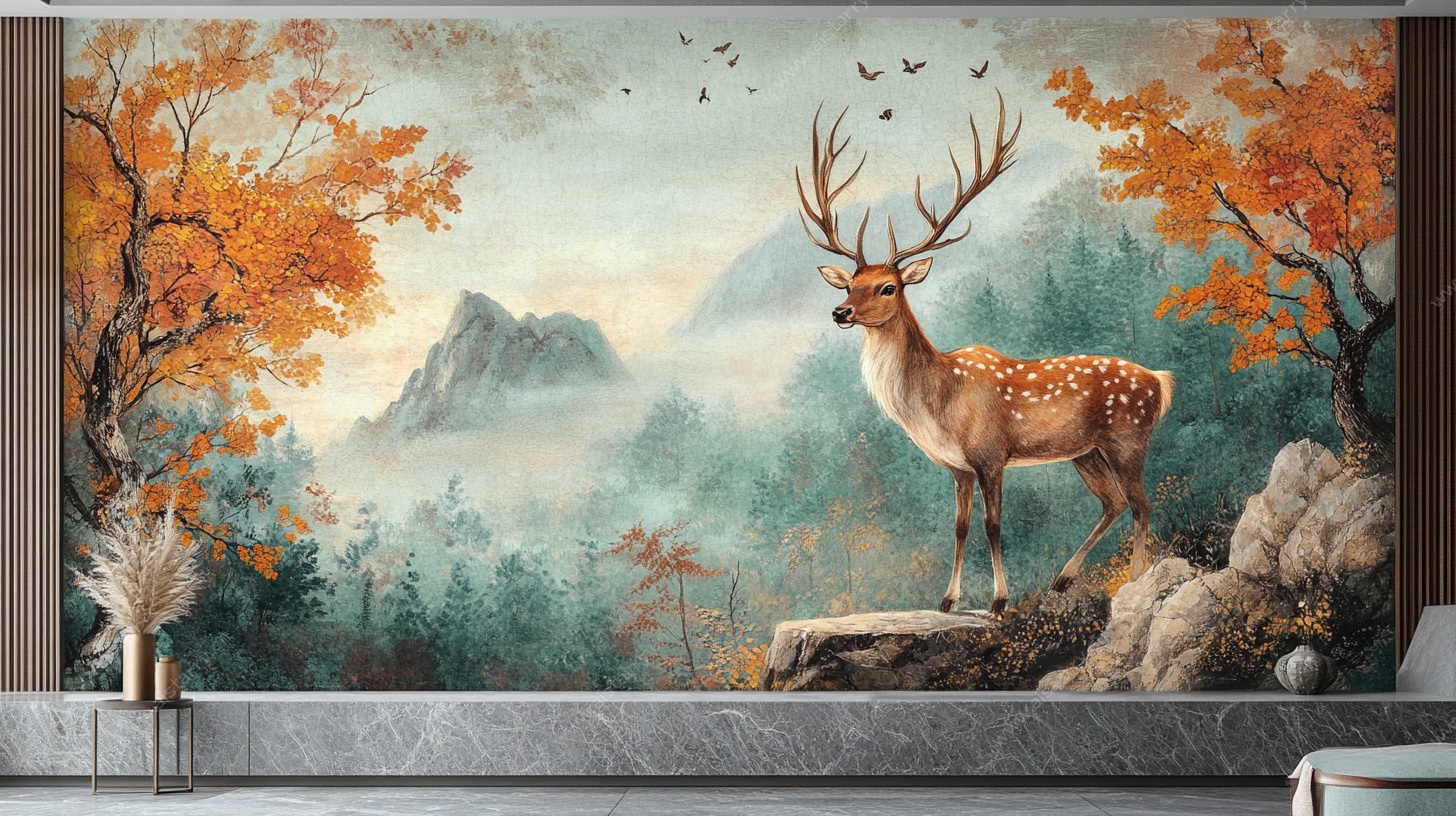 森林麋鹿秋景壁画