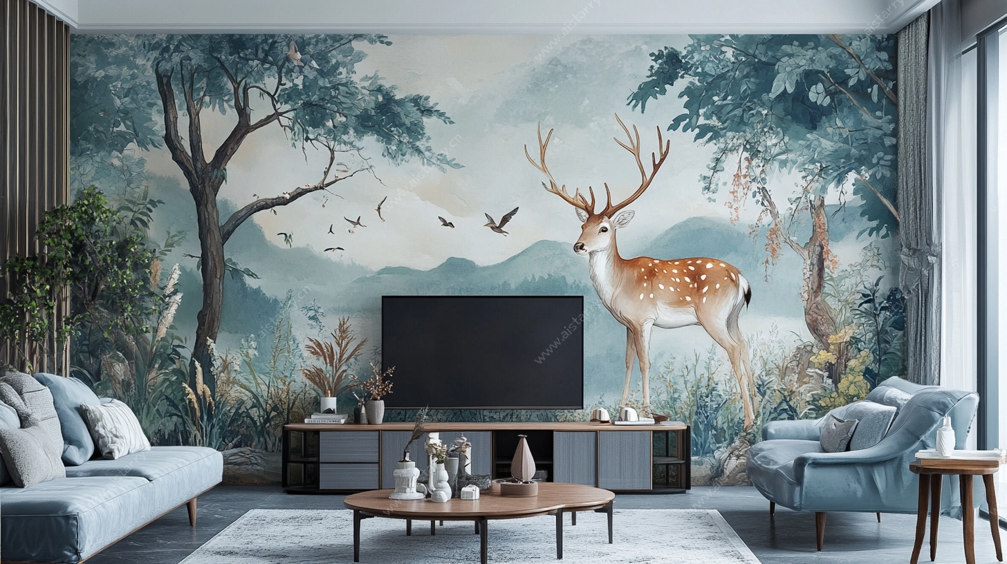 森林鹿影客厅装饰壁画