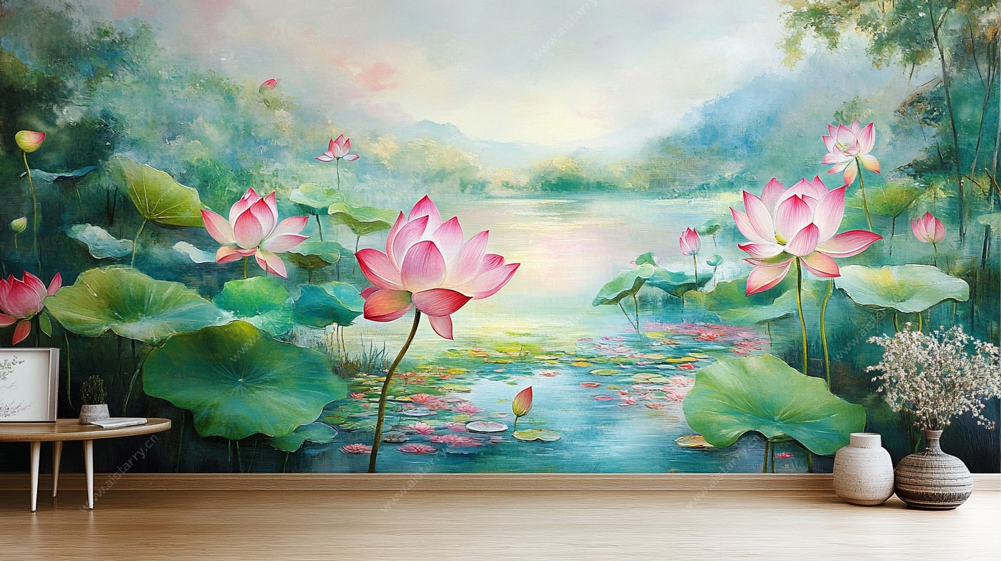 中式荷花壁画 营造诗意空间