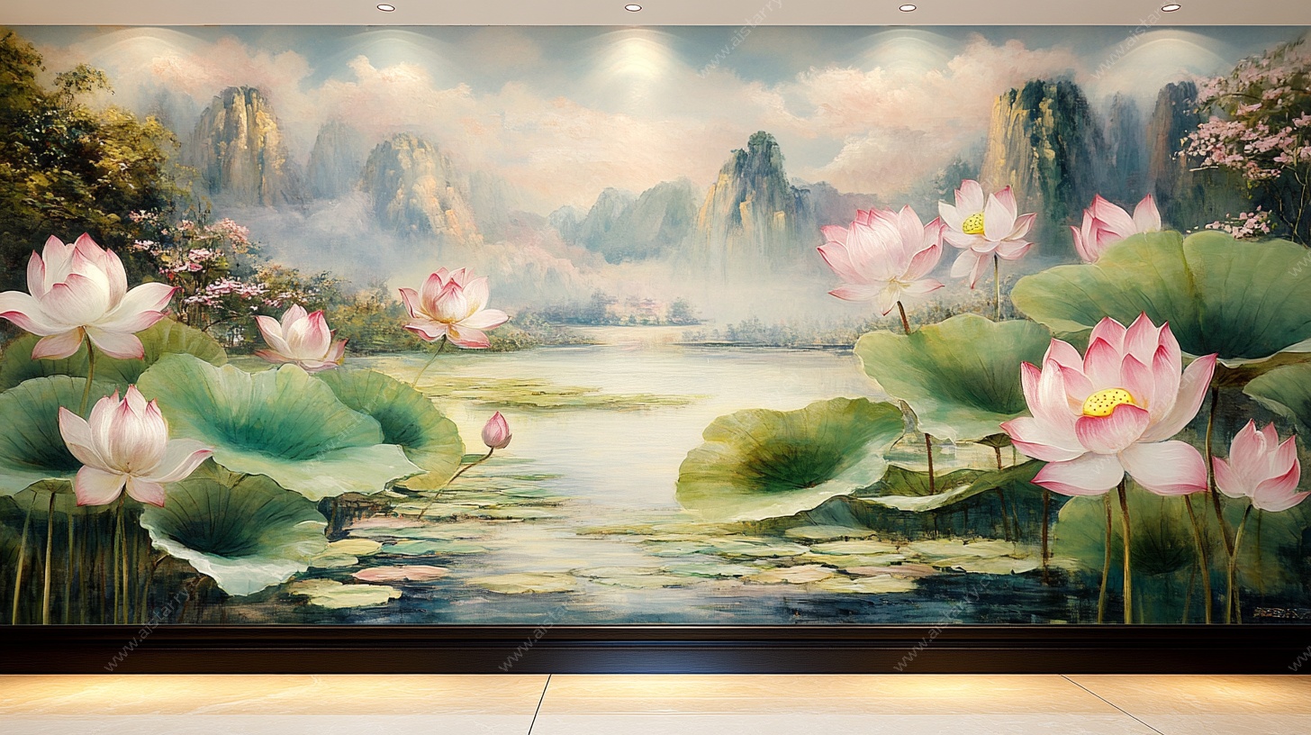 中式荷花山水壁画