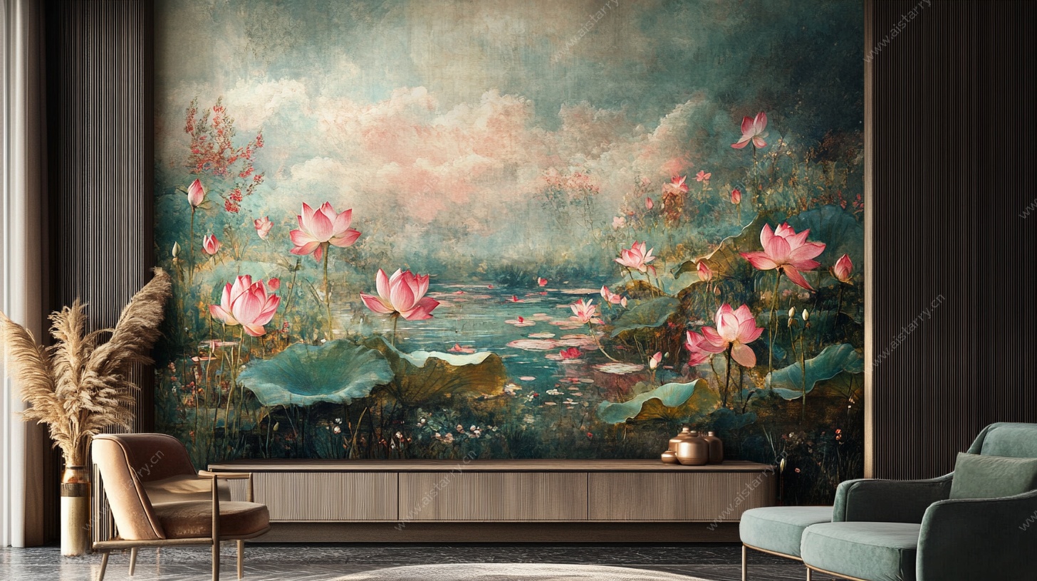 荷花壁画装点雅致客厅