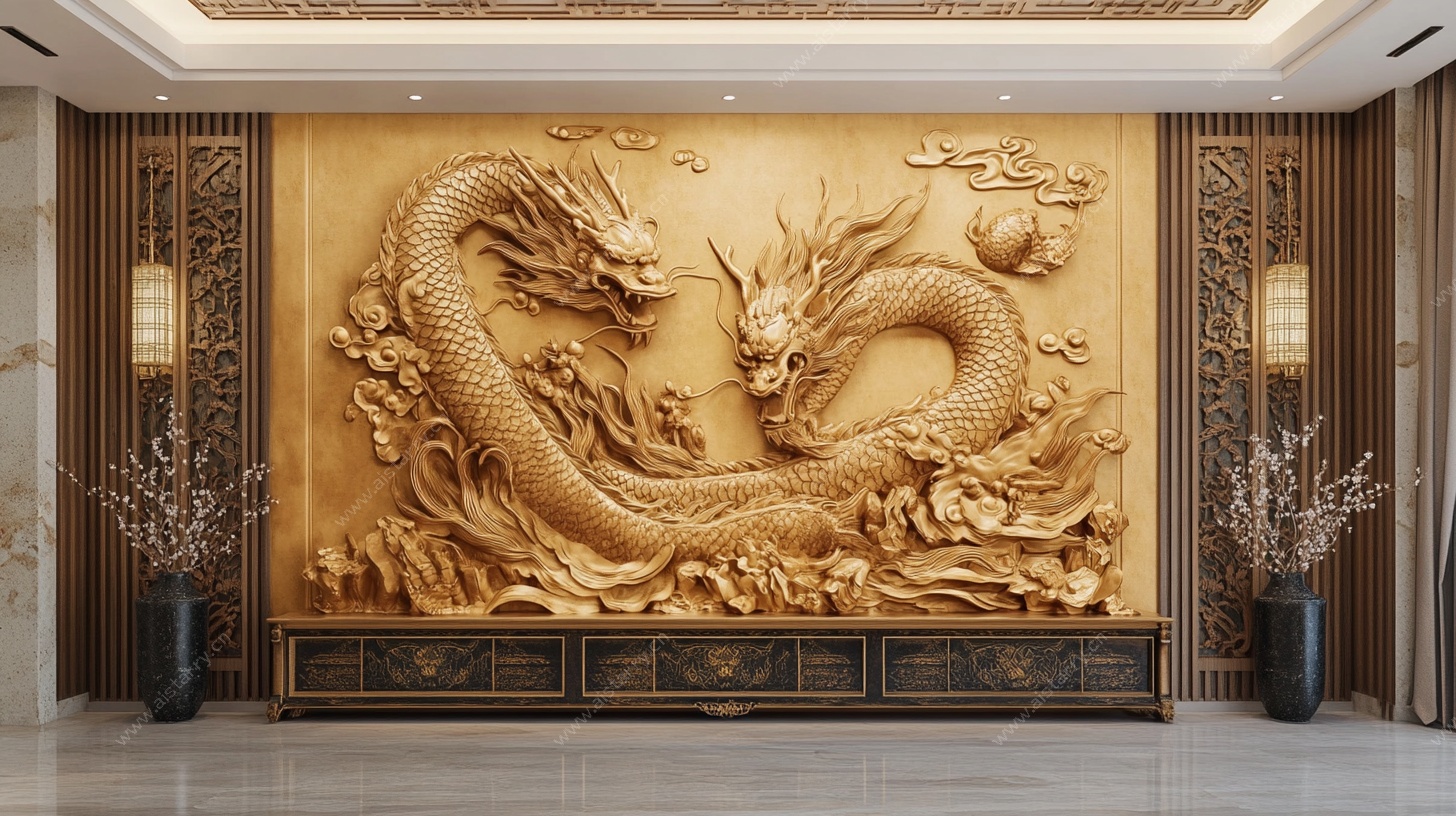 中式龙纹木雕背景墙