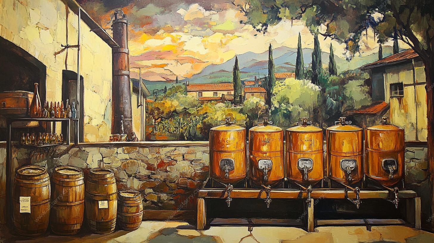 酒庄户外酒桶与美丽风景