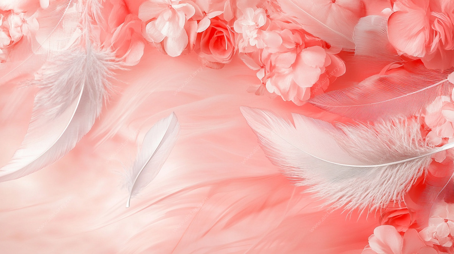 粉色羽毛与花朵梦幻背景