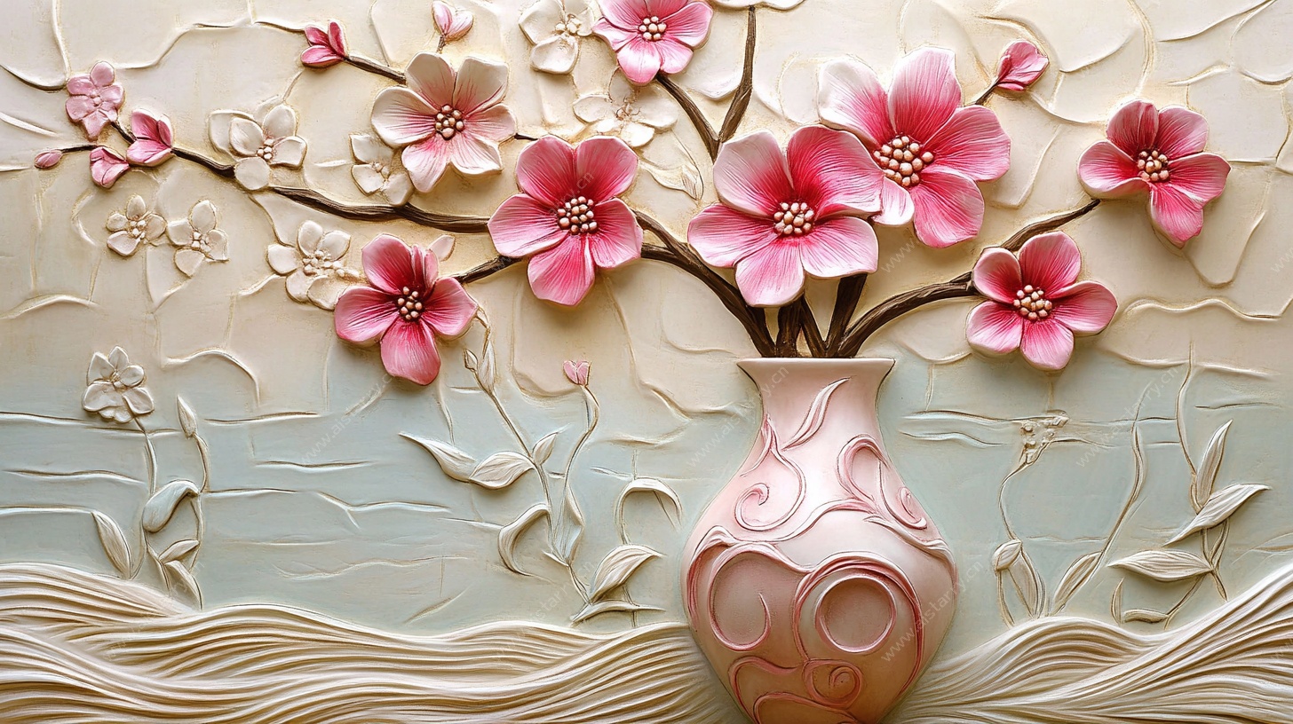 立体浮雕花瓶插粉色花朵