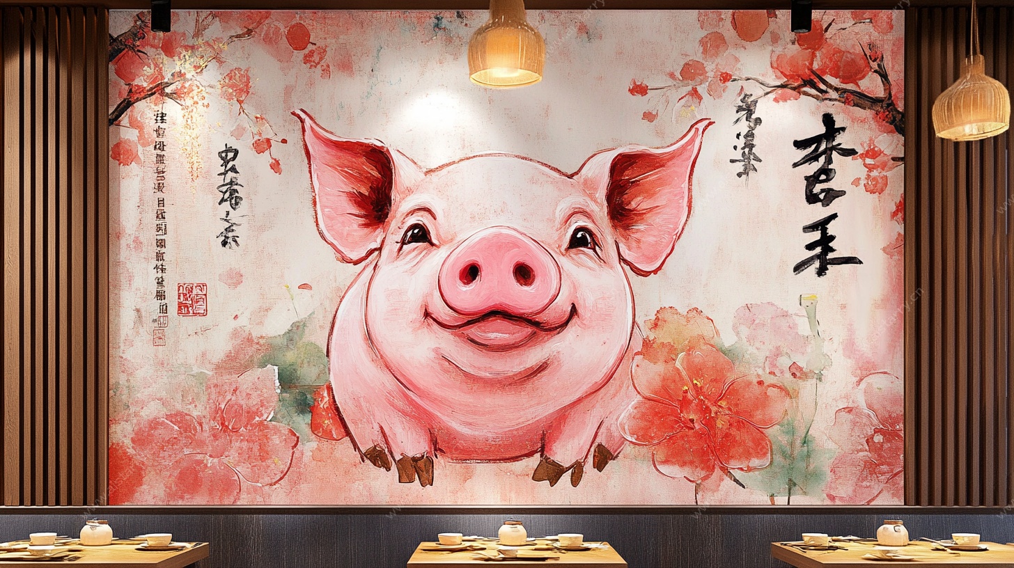 中式猪主题餐厅装饰画