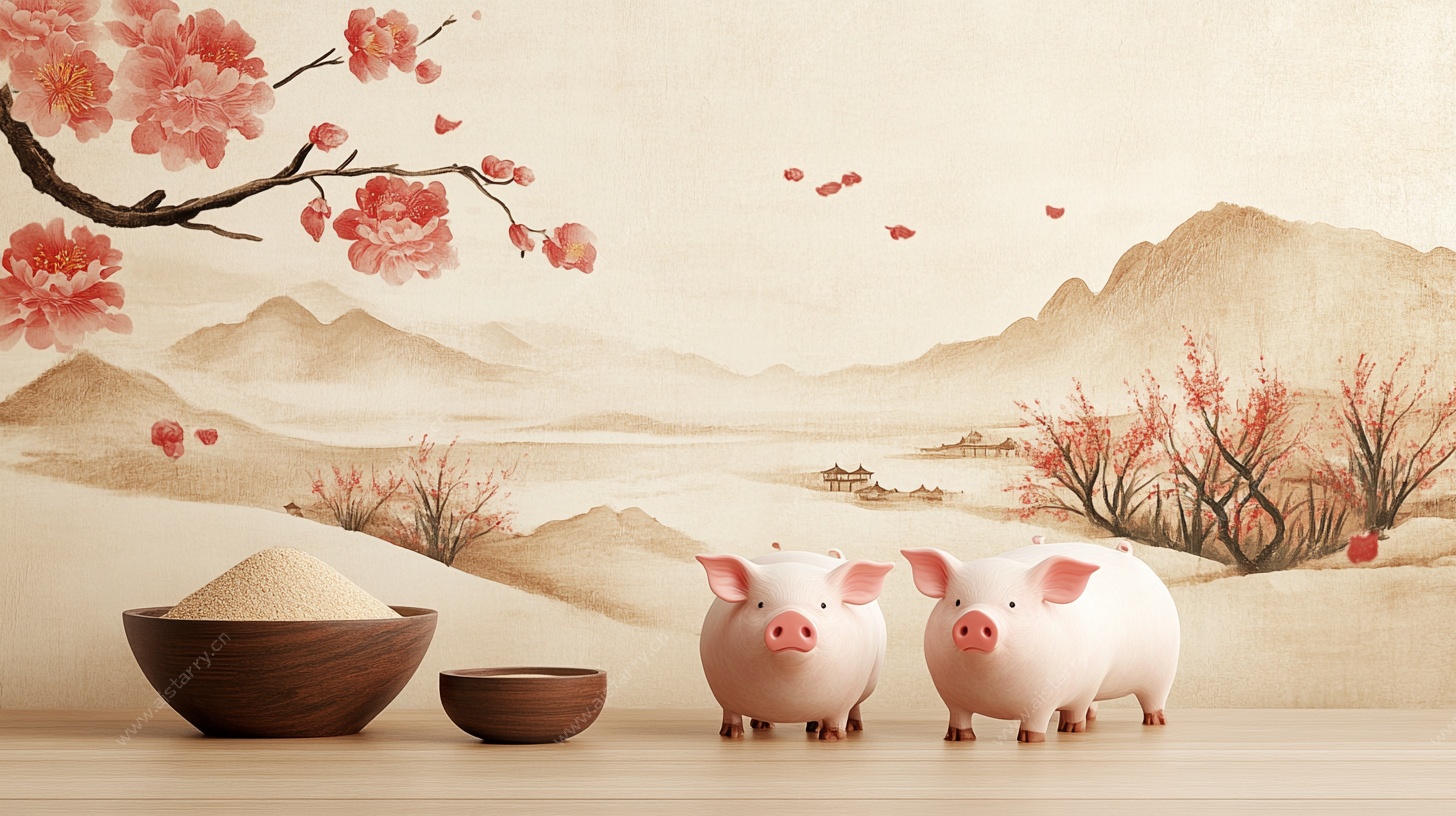 中式风小猪与田园风景图