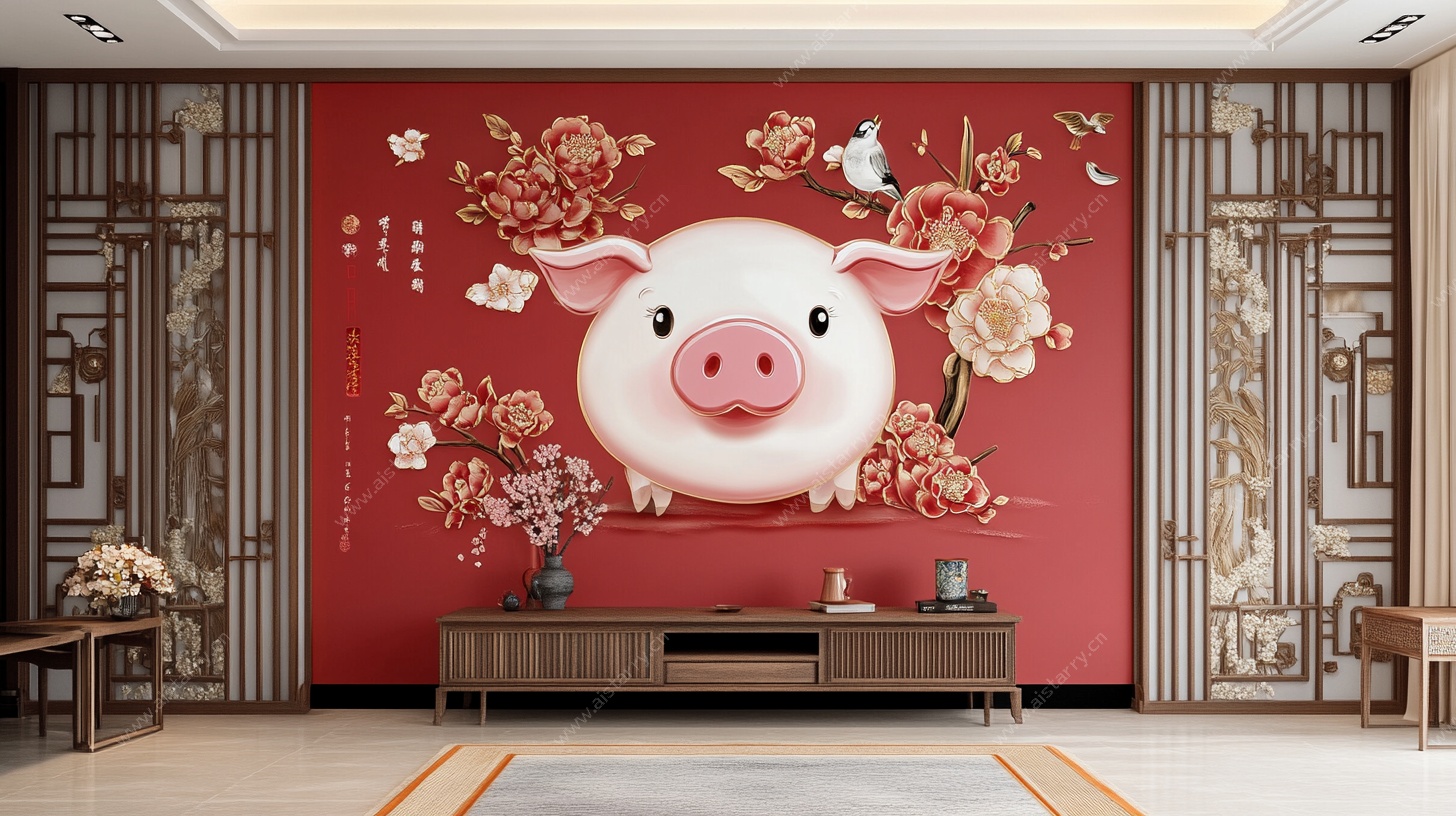 猪年中式风客厅喜庆背景墙