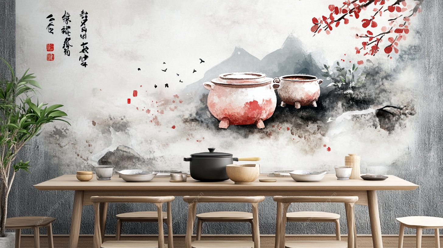 中式水墨风厨房壁画场景