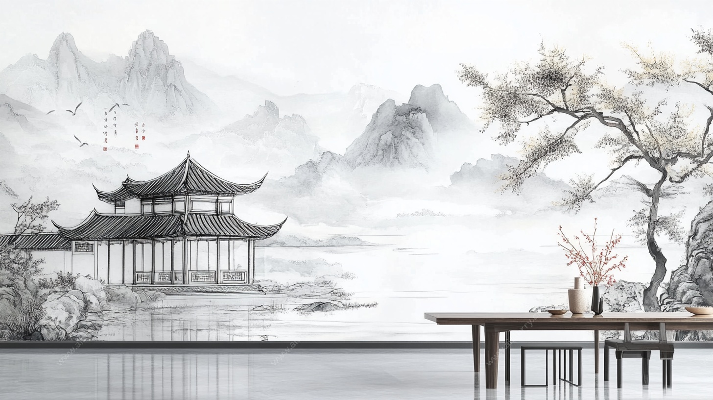 中式山水意境茶室图景