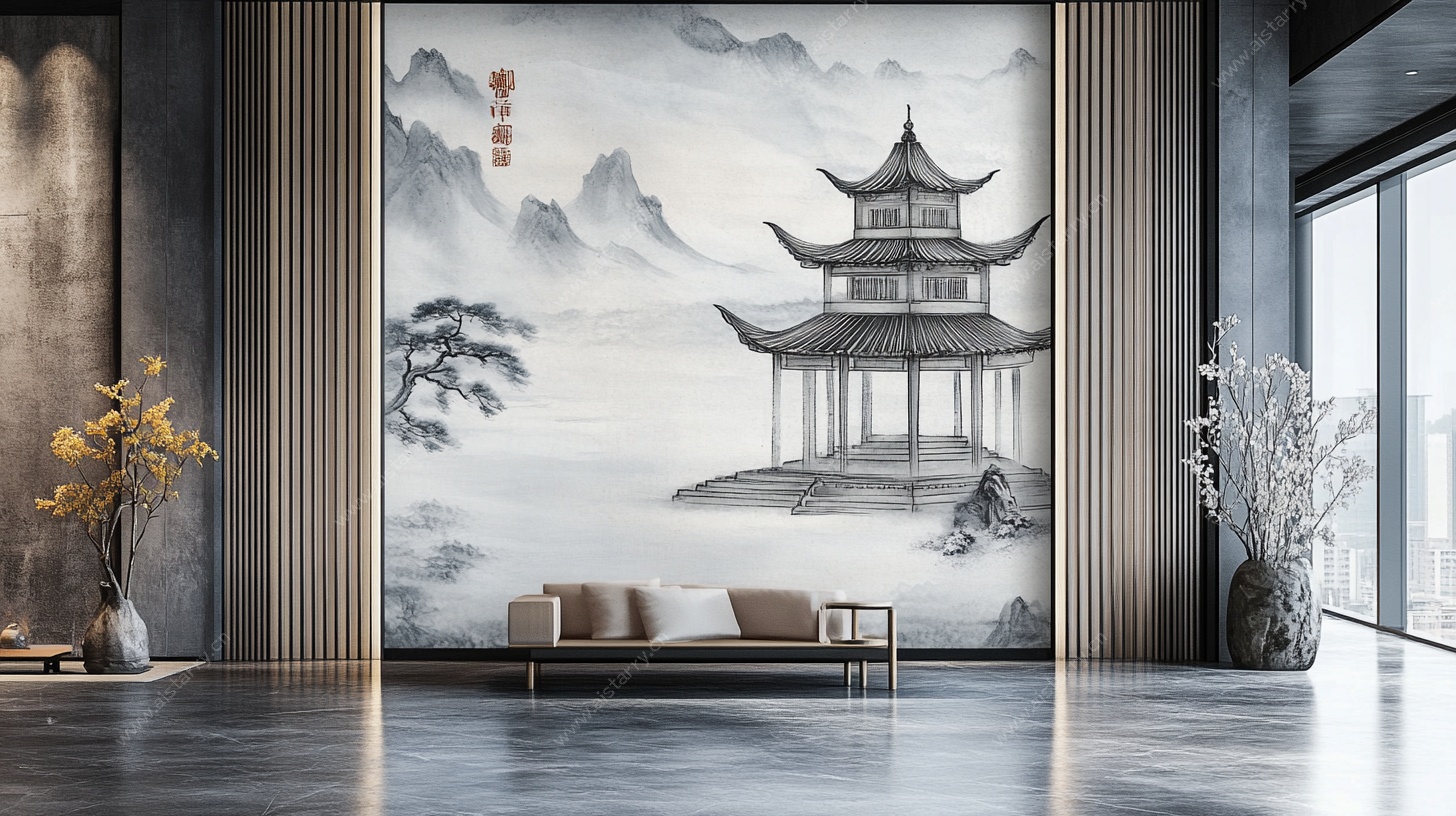 中式客厅山水壁画装饰