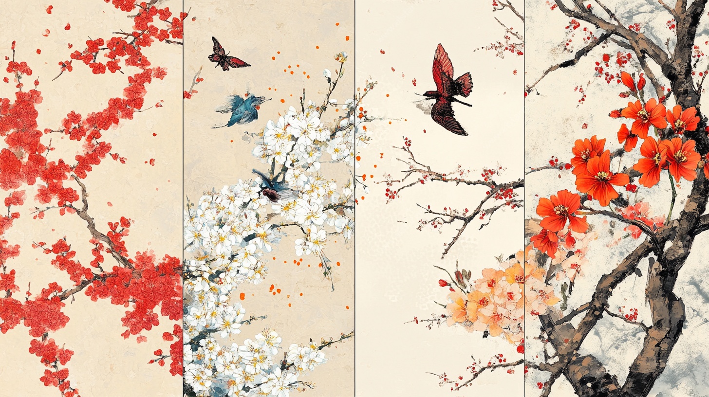 四联花鸟图 蝶舞花枝间