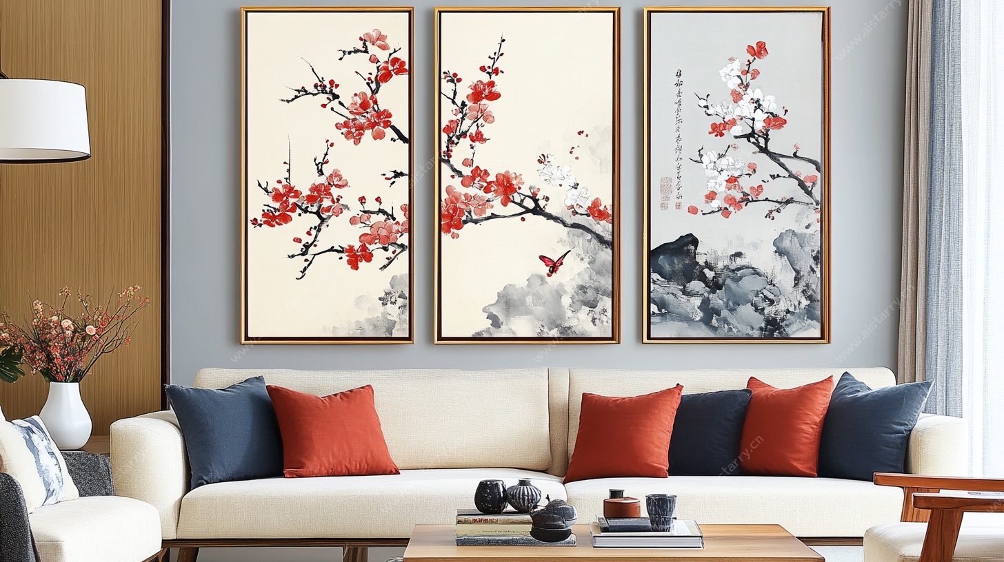 中式客厅三联梅花装饰画