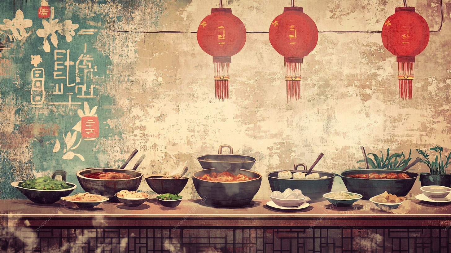 中式美食与红灯笼装饰场景