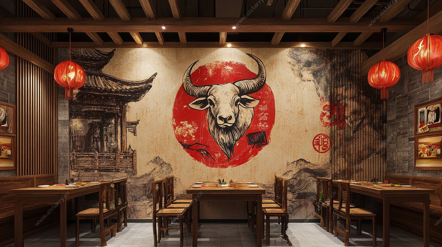 中式牛主题餐厅室内场景
