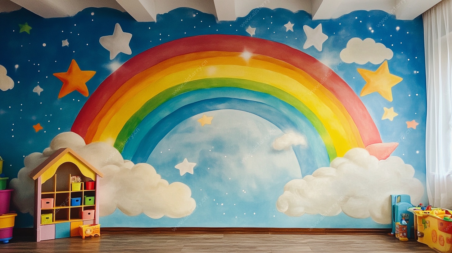 梦幻儿童房彩虹墙绘