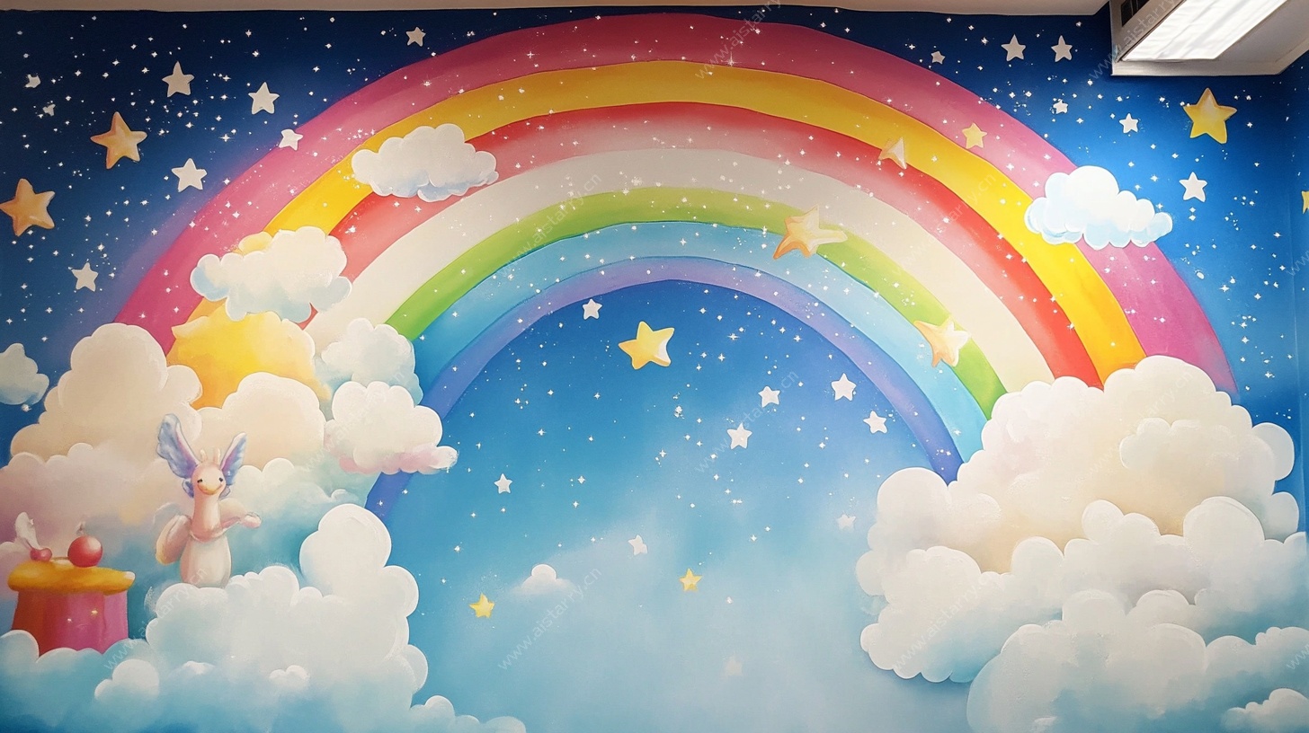 梦幻彩虹云端童趣墙绘