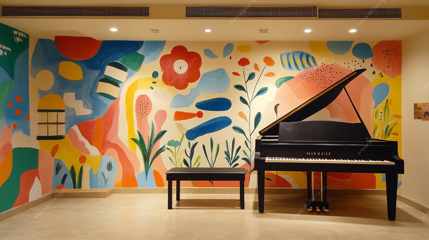 多彩墙面前的优雅钢琴