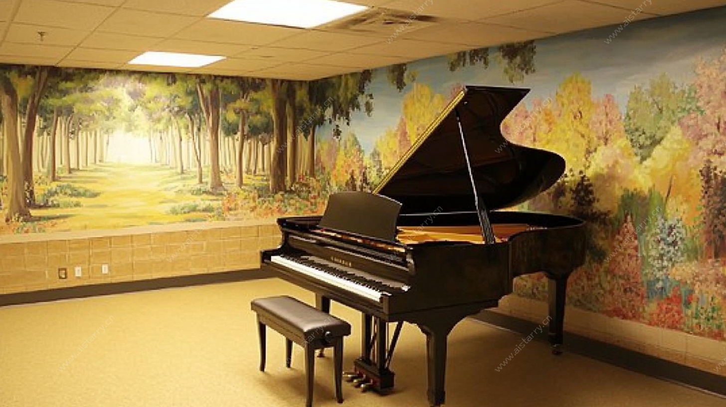 钢琴置于艺术壁画房间中