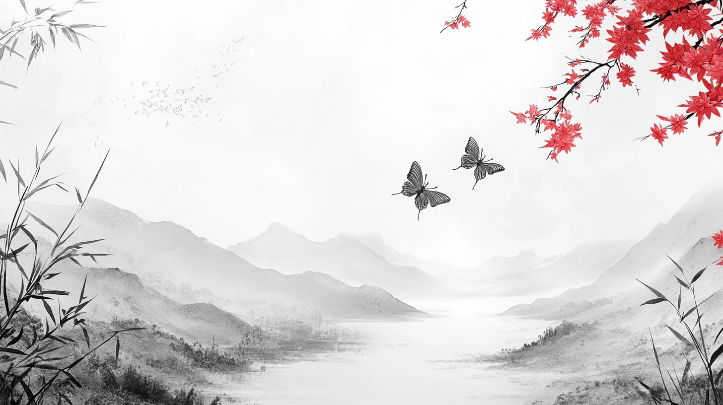 水墨山水蝶花图