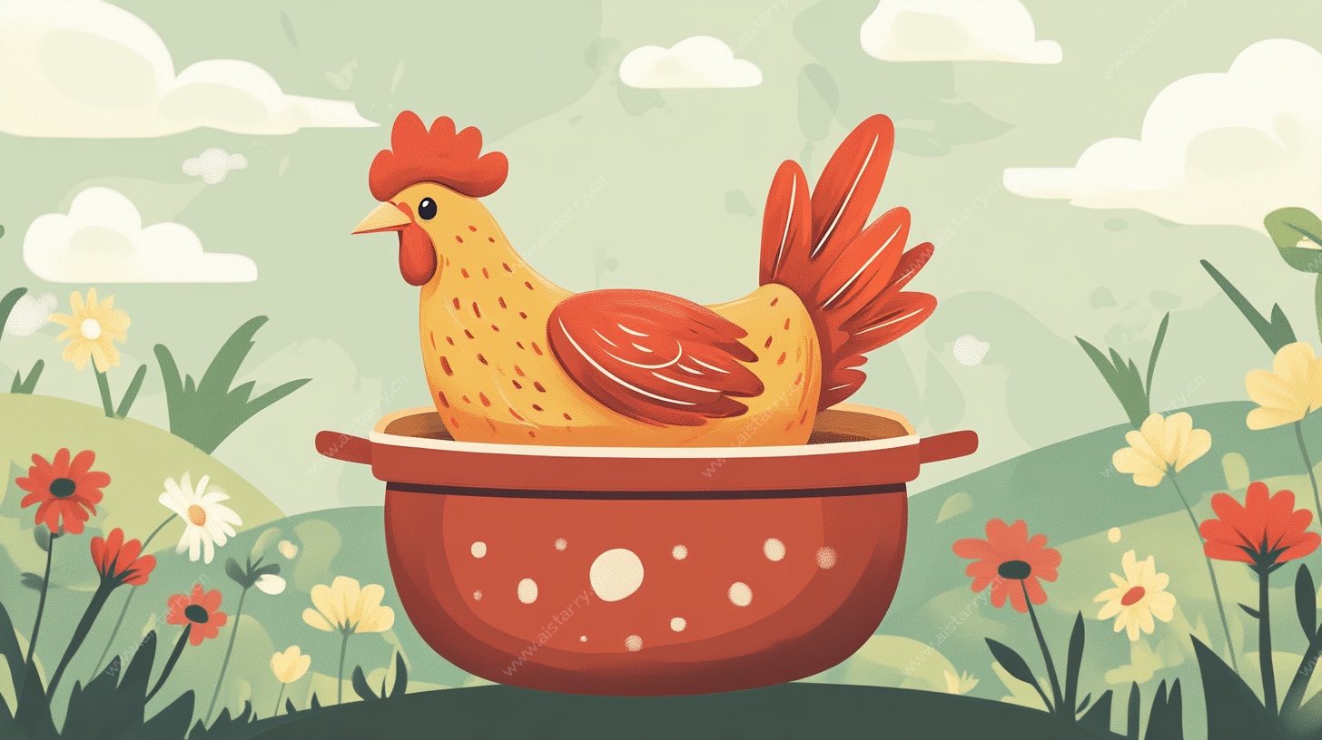 公鸡惬意泡澡田园插画
